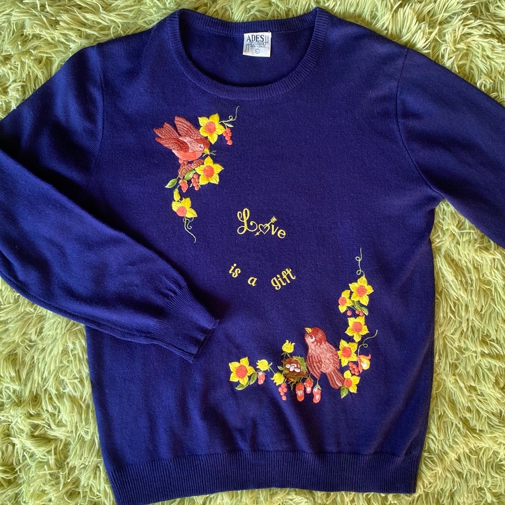 Vintage Love Is A Gift Sweater W/ Floral & Bird Embroidery